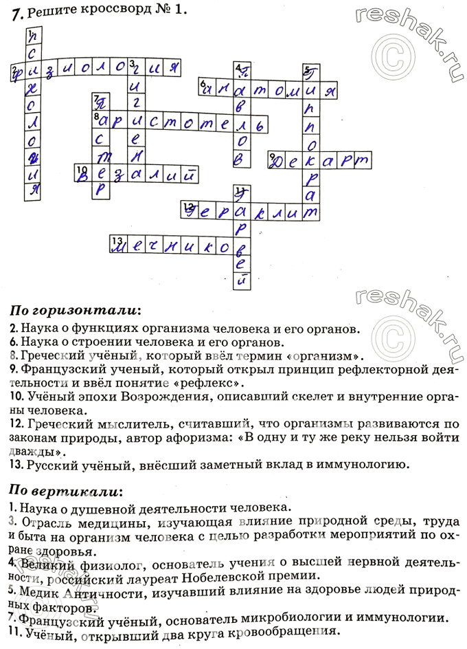 Изображение 7. Решите кроссворд №1.По горизонтали:2. Наука о функциях организма человека и его органов.6. Наука о строении человека и его органов.8. Греческий учёный,...