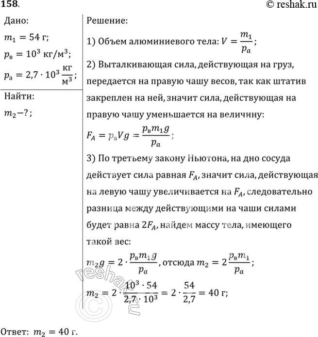 Изображение На одной чаше весов находится сосуд с водой, а на другой штатив, на котором подвешено алюминиевое тело массой 54 г. При этом весы находятся в равновесии (рис. 27). Если,...