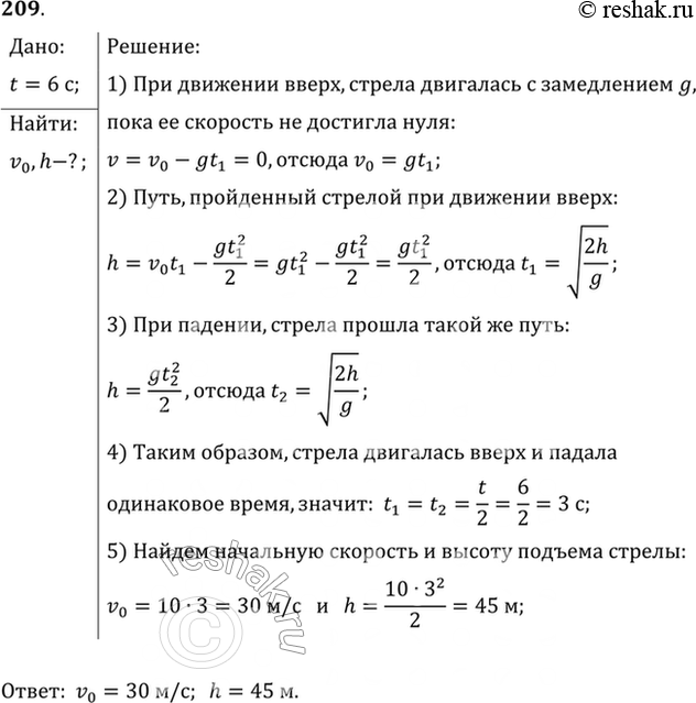 Изображение Стрела, выпущенная из лука вертикально вверх, упала на землю через 6с. Какова начальная скорость стрелы и максимальная высота...
