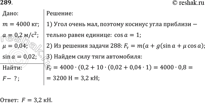 Изображение Автомобиль массой 4 т движется в гору с ускорением 0,2 м/с2. Найти силу тяги, если уклон1 равен 0,02 и коэффициент сопротивления...