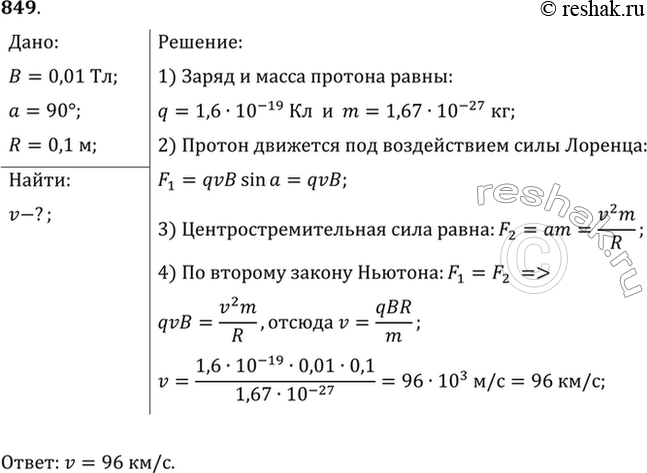 Изображение Протон в магнитном поле индукцией 0,01 Тл описал окружность радиусом 10 см. Найти скорость...