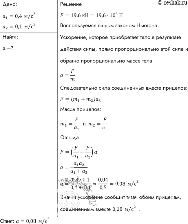 Изображение Порожнему прицепу тягач сообщает ускорение а1=0,4 м/с2, а груженому а2=0,1 м/с2. Какое ускорение сообщит тягач обоим прицепам, соединенным вместе? Силу тяги тягача...