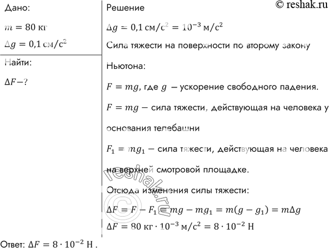 Изображение На верхней смотровой площадке Останкинской телевизионной башни ускорение свободного падения на 0,1 см/с2 меньше, чем у ее основания. На сколько уменьшается сила тяжести,...