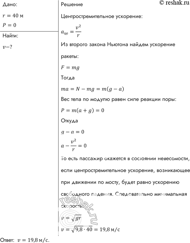Изображение С какой скоростью автомобиль должен проходить середину выпуклого моста радиусом 40 м, чтобы пассажир на мгновение оказался в состоянии...