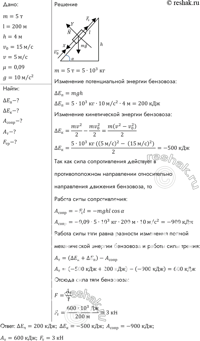Изображение Бензовоз массой 5 т подходит к подъему длиной 200 м и высотой 4 м со скоростью 15 м/с. В конце подъема его скорость уменьшилась до 5 м/с. Коэффициент сопротивления равен...