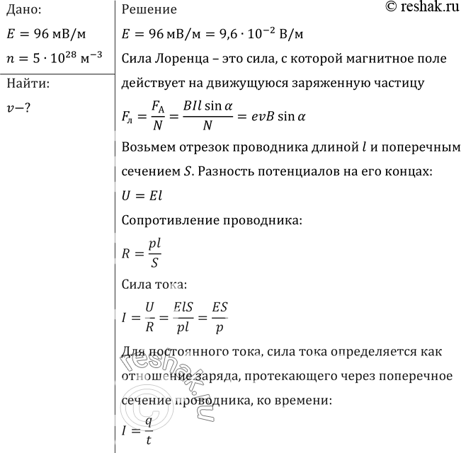 Изображение Найти скорость упорядоченного движения электронов v в стальном проводнике, концентрация электронов проводимости в котором n= 1028 м-3, при напряженности поля Е = 96...