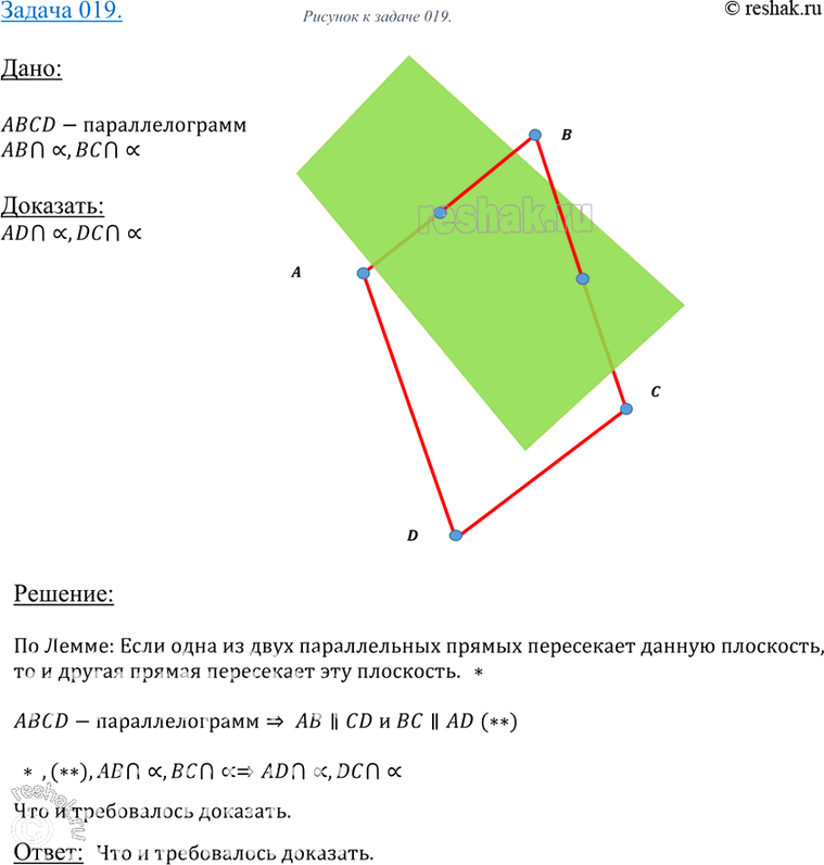 Изображение 19 Стороны AB и BC параллелограмма ABCD пересекают плоскость а. Докажите, что прямые AD и DC также пересекают плоскость...